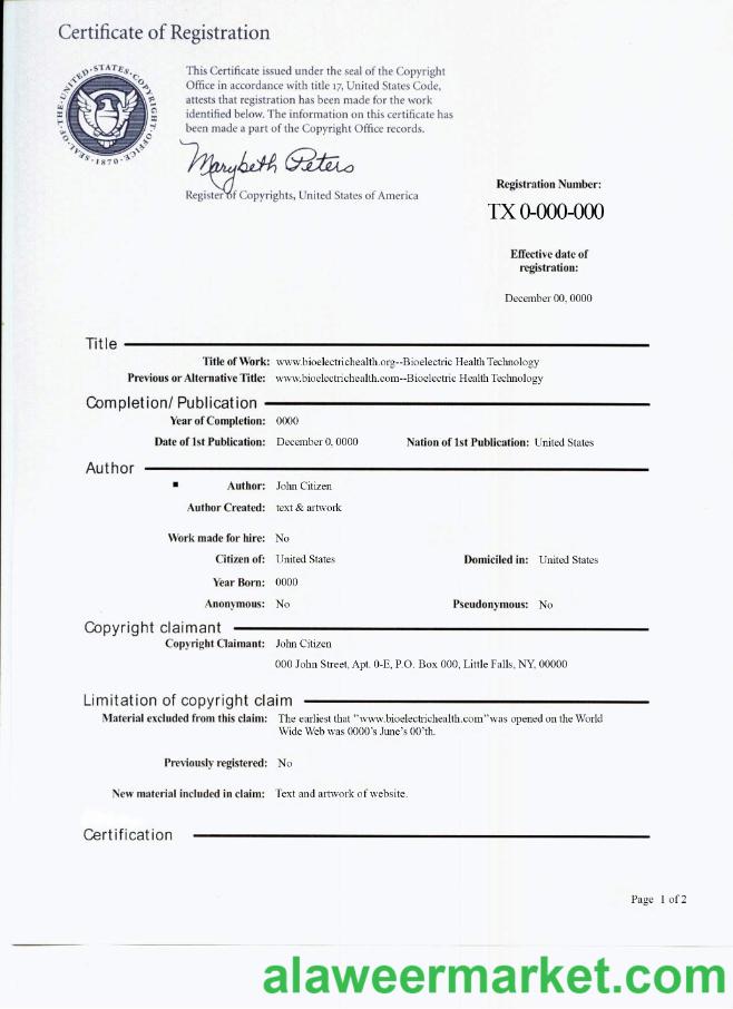 USA copywrite certificate of registration PSD sample